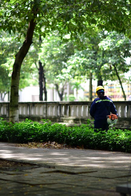 A gardener from gardenerpaddington.co.uk stands on a paved pathway in a lush urban park, wearing navy blue work attire, a yellow helmet, and safety glasses. The gardener is holding a hedge trimmer, en